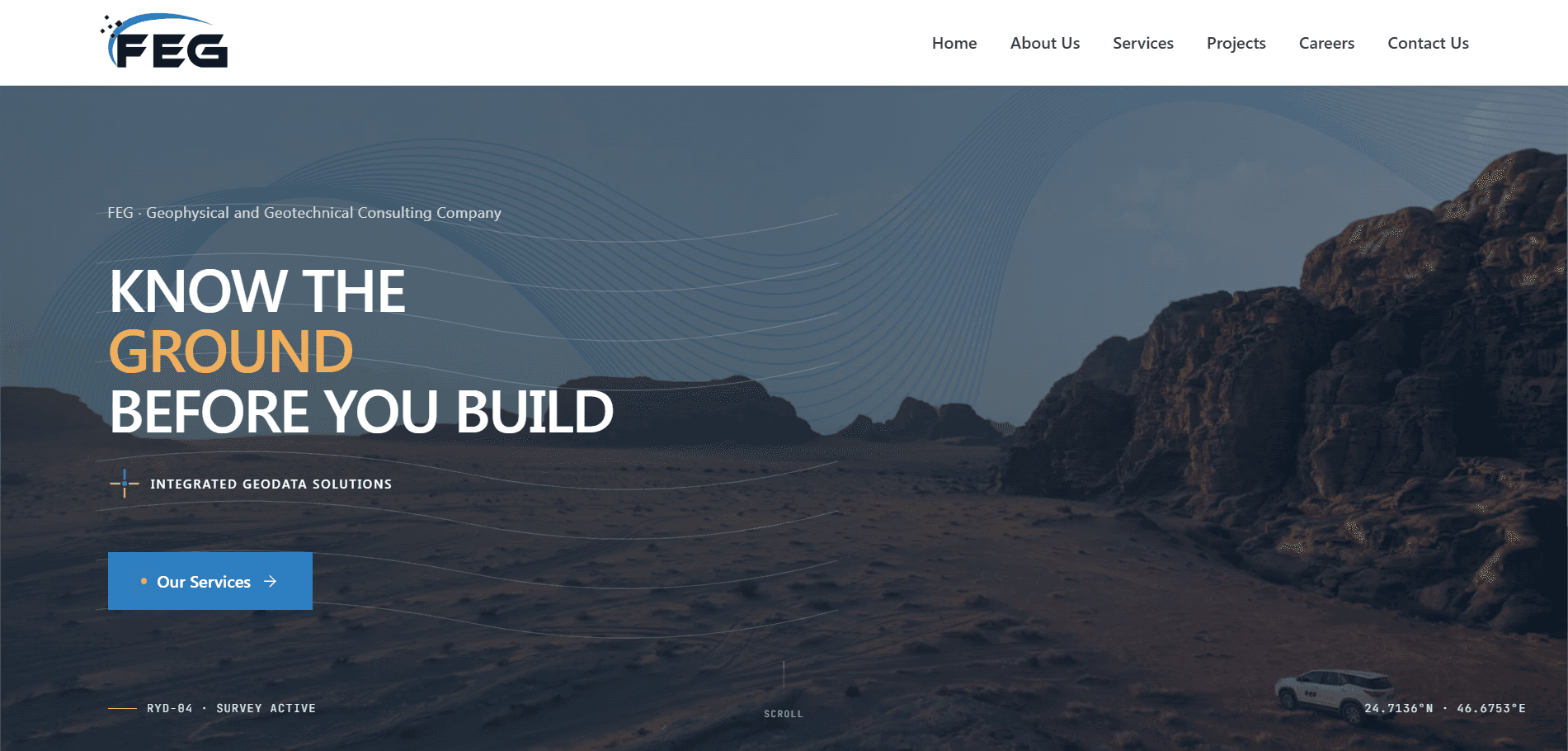 FEG website homepage showing animated hero section and service overview